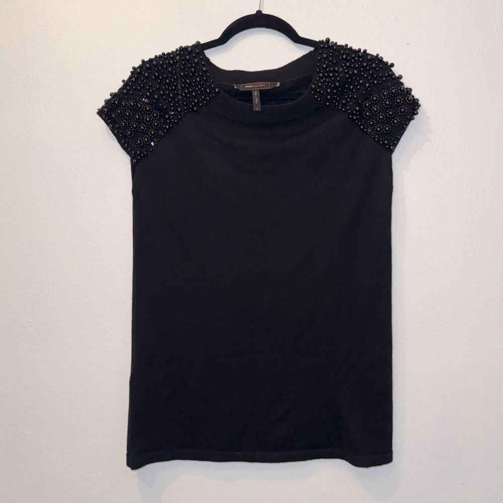 BCBGMAXAZRIA Black 100% Merino Wool Beaded Cap Sleeve Sweater M